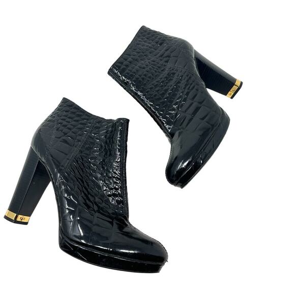 Tory Burch‎ Leigh Croc Embossed Ankle Boots Black Patent Leather Size 10.5 - Picture 1 of 13